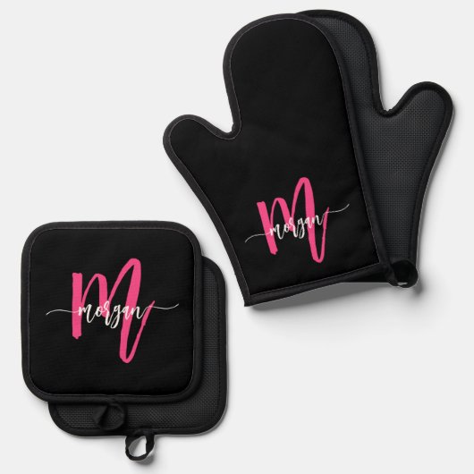 Hot Roze Zwart Monogram Meisje Keuken Script Ovenwant & Pannenlap Set (Voorkant / Achterkant)