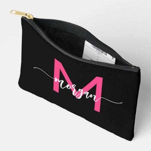 Hot Roze Zwart Monogram Naam Meisje Script Etui (Open)