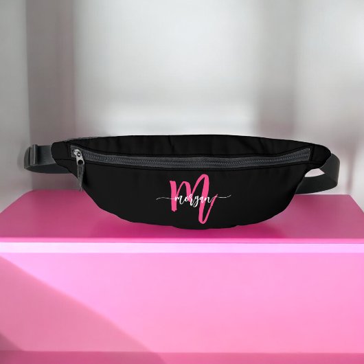 Hot Roze Zwart Monogram Naam Meisje Script Heuptasje