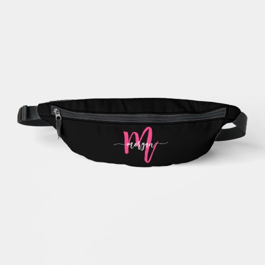 Hot Roze Zwart Monogram Naam Meisje Script Heuptasje (Voorkant)