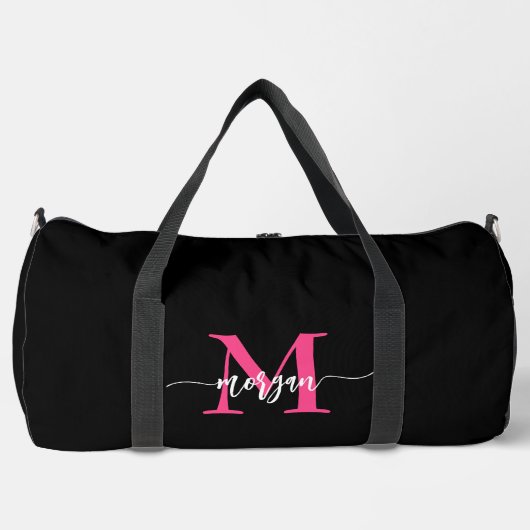 Hot Roze Zwart Monogram Naam Meisje Script Sport Plunjezak (Voorkant)