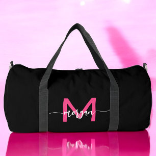 Hot Roze Zwart Monogram Naam Meisje Script Sport Plunjezak
