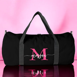 Hot Roze Zwart Monogram Naam Meisje Script Sport Plunjezak