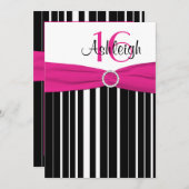 Hot Roze, Zwart, Wit 16e verjaardag Uitnodiging (Voorkant / Achterkant)