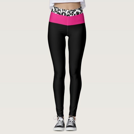 Hot-roze zwart-wit Damascus Gym Lounge Leggings (Voorkant)