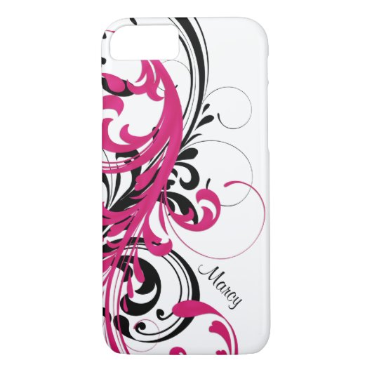 Hot Roze Zwart Wit Funky Wavy Scroll Floral Case-Mate iPhone Case (Achterkant)