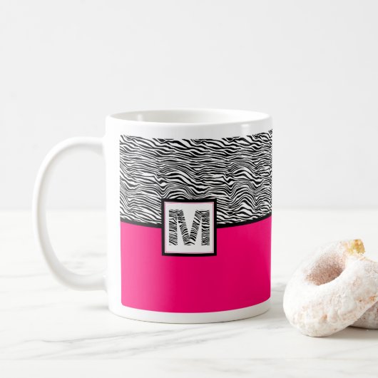 Hot roze zwart & wit zebra print monogram koffiemok (Met donut)