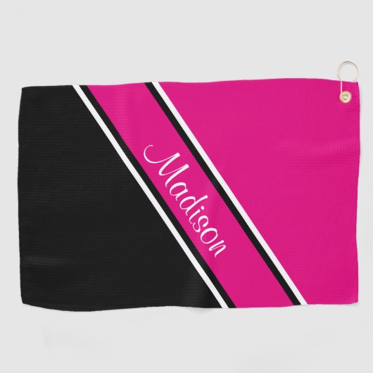 Hot-roze zwarte diagonaal Stripe scriptnaam Golfhanddoek (Horizontaal)