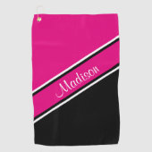 Hot-roze zwarte diagonaal Stripe scriptnaam Golfhanddoek (Voorkant)