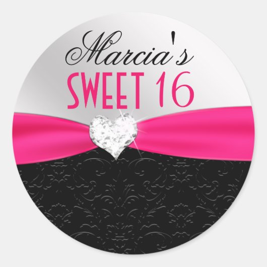 Hot-roze zwarte Floral Damask Diamond Heart Seal Ronde Sticker (Voorkant)