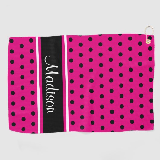 Hot-roze zwarte pooldot White Stripe Script Name Golfhanddoek (Horizontaal)