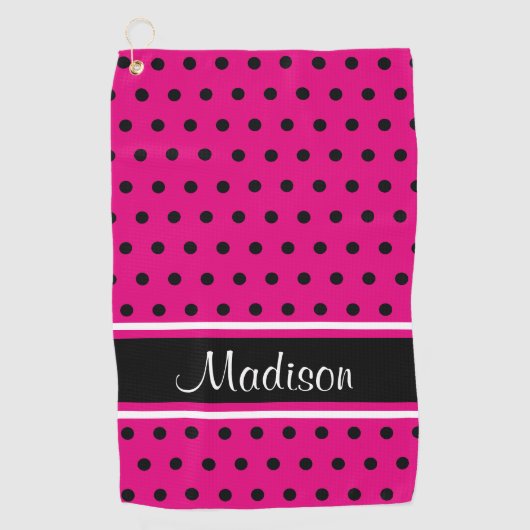 Hot-roze zwarte pooldot White Stripe Script Name Golfhanddoek (Voorkant)