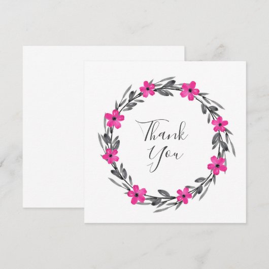 Hot-roze zwarte Waterverf Floral Wreater Bedankkaart (Voorkant / Achterkant)
