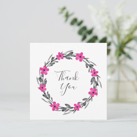 Hot-roze zwarte Waterverf Floral Wreater Bedankkaart (Staand voorkant)