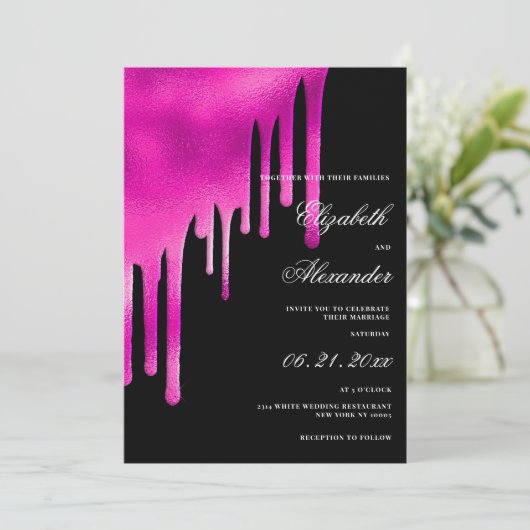 Hot-roze zwarte waterverf gradiënt dript bruiloft kaart (Staand voorkant)
