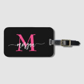 Hot Roze Zwarte Wereld Reiziger Monogram Naam Bagagelabel (Voorkant (horizontaal))