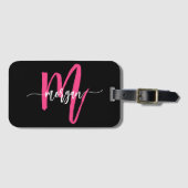 Hot Roze Zwarte Wereld Reiziger Monogram Naam Bagagelabel (Voorkant (horizontaal))