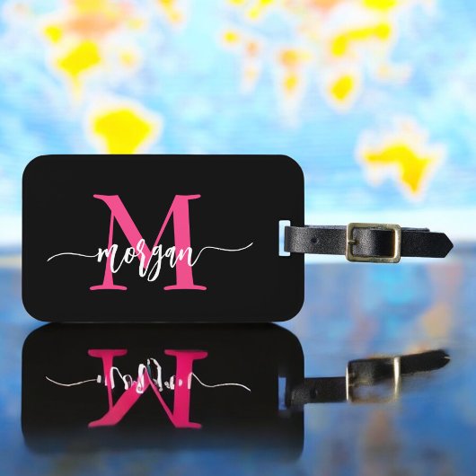 Hot Roze Zwarte Wereld Reiziger Monogram Naam Bagagelabel