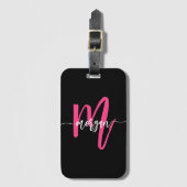 Hot Roze Zwarte Wereld Reiziger Monogram Naam Bagagelabel (Voorkant (verticaal))