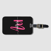 Hot Roze Zwarte Wereld Reiziger Monogram Naam Bagagelabel (Voorkant (horizontaal))