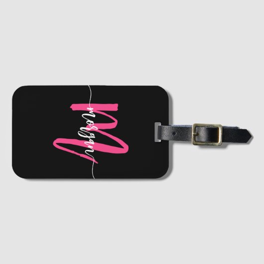 Hot Roze Zwarte Wereld Reiziger Monogram Naam Bagagelabel (Voorkant (horizontaal))