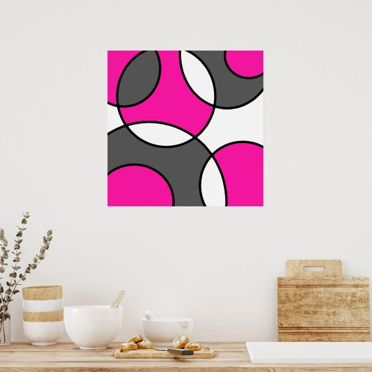 Hot-roze zwarte witte Abstracte cirkels Poster (Keuken)