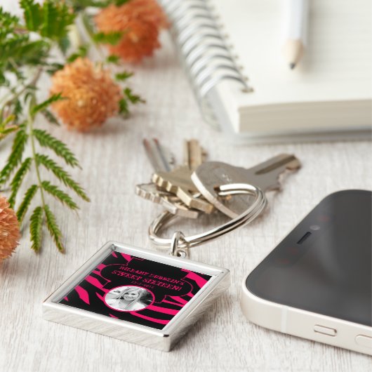 Hot Roze Zwarte Zebra Print Animal Patter Sleutelh Sleutelhanger (Zijkant)