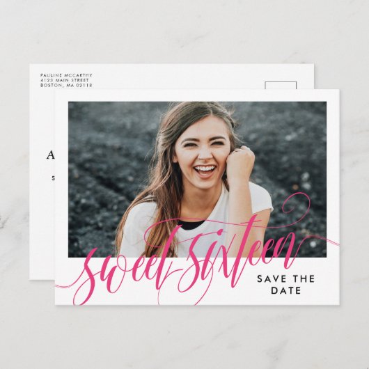 Hot-roze Zwittig Zestien sparen de datum Briefkaart (Voorkant / Achterkant)