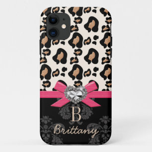 Hot-roze zwoerd Heart Shaped Faux Bling Leopard iPhone 11 Hoesje
