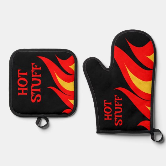 Hot Stuff BBQ vuur vlammen op maat Ovenwant & Pannenlap Set (Voorkant)