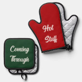 Hot Stuff Grappig Kerstcadeau Rood Groen Wit Ovenwant & Pannenlap Set (Voorkant / Achterkant)