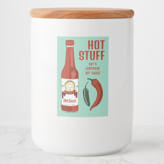 HOT STUFF Spicy Hot Sauce Jalapeños Chiles Voedselcontainer Etiket (Voorkant)