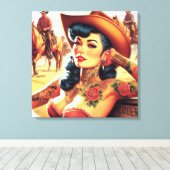 Hot Tattoo Cowgirl Canvas Afdruk (Insitu (Houten vloer))