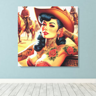 Hot Tattoo Cowgirl Canvas Afdruk