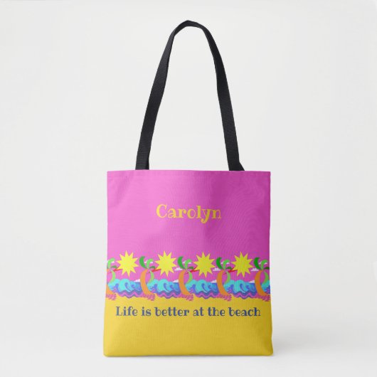 Hot tropisch strand, roze achtergrond, jouw naam tote bag (Voorkant)