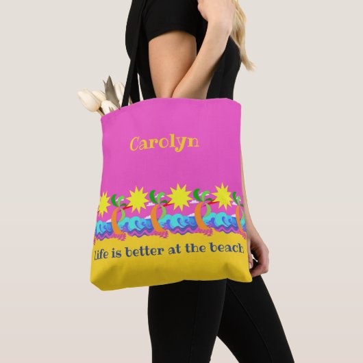 Hot tropisch strand, roze achtergrond, jouw naam tote bag (Dichtbij)