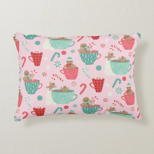 Hot Tub Gingerbrood Cute Pink Hot Cocoa Patroon Accent Kussen (Voorkant)