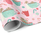 Hot Tub Gingerbrood Cute Pink Hot Cocoa Patroon Cadeaupapier (Rol Hoek)