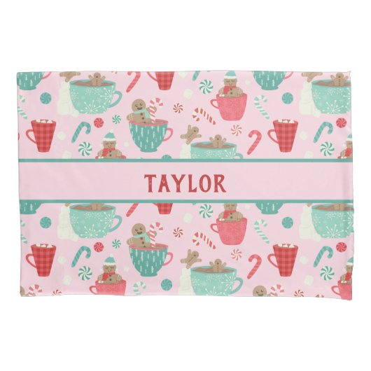 Hot Tub Gingerbrood Cute Pink Hot Cocoa Patroon Kussensloop (Voorkant)