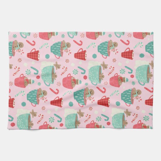 Hot Tub Gingerbrood Cute Pink Hot Cocoa Pattern Ac Theedoek (Horizontaal)