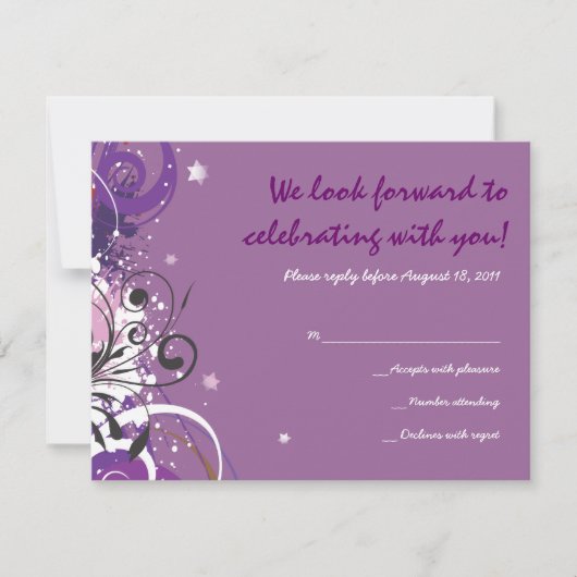 Hot Violet Swirls Stars Bat Mitzvah Reply Card RSVP Kaartje (Voorkant)