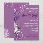 Hot Violet Swirls Stars Bat Mitzvah Uitnodiging (Voorkant / Achterkant)
