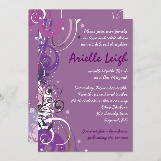 Hot Violet Swirls Stars Bat Mitzvah Uitnodiging (Voorkant / Achterkant)
