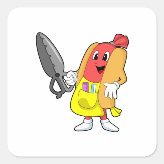 Hotdog als hairdresser met schaar vierkante sticker (Voorkant)