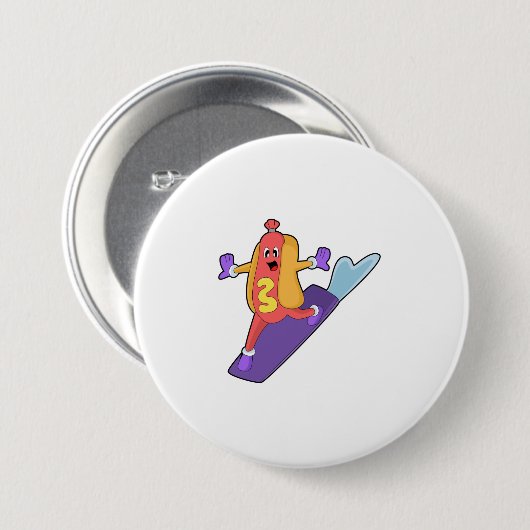 Hotdog als Snowboarder met Sonowboard Ronde Button 7,6 Cm (Voorkant /achterkant)