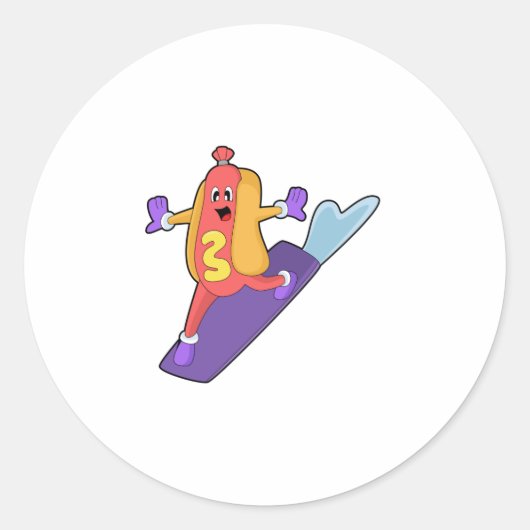 Hotdog als Snowboarder met Sonowboard Ronde Sticker (Voorkant)
