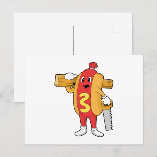Hotdog als timmerman met zaag en hout briefkaart (Voorkant / Achterkant)