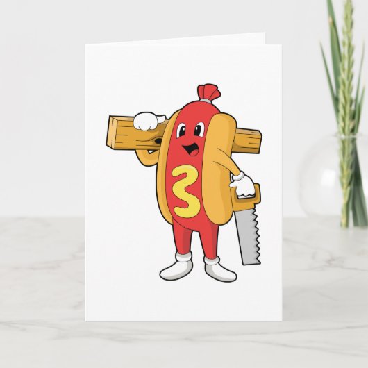 Hotdog als timmerman met zaag en hout kaart (Voorkant)