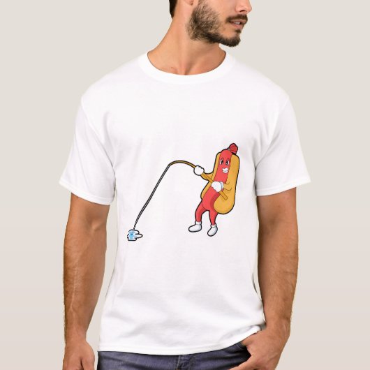 Hotdog at Fishing with Fishing rod T-shirt (Voorkant)