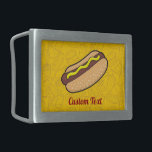 Hotdog Belt Buckle Gesp<br><div class="desc">Cartoon illustratie van hotdog. Junk food outline iconen geel patroon achtergrond. Eigen Tekst.</div>